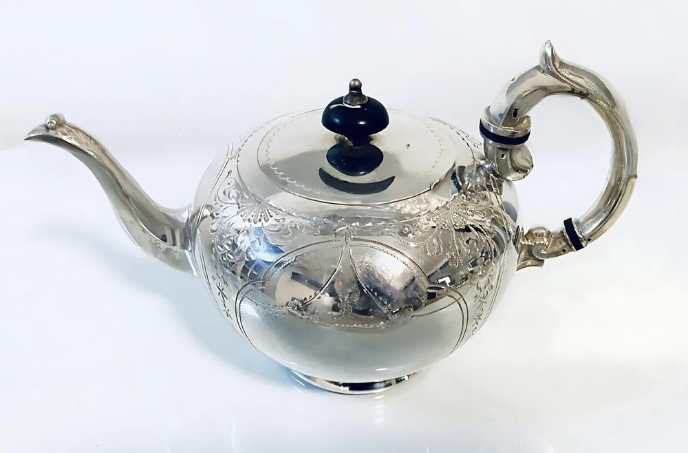 James Dixon &  Sons England Antique Silver Plate Victorian 1880 Etched Teapot