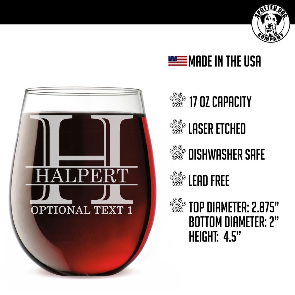 Personalized Etched Monogram 17oz Stemless Wine Glass, Halpert