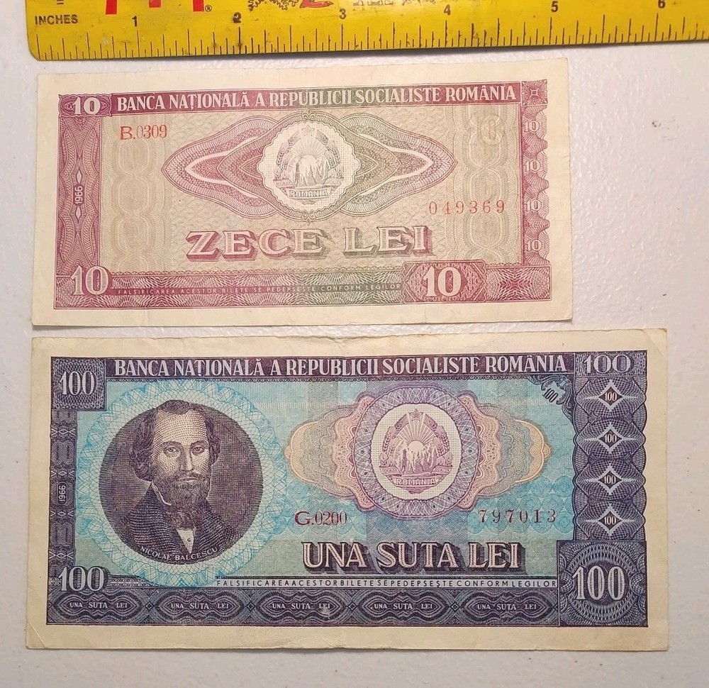 Vintage Romania 10 & 100 Lei Notes 1966 *Circulated*