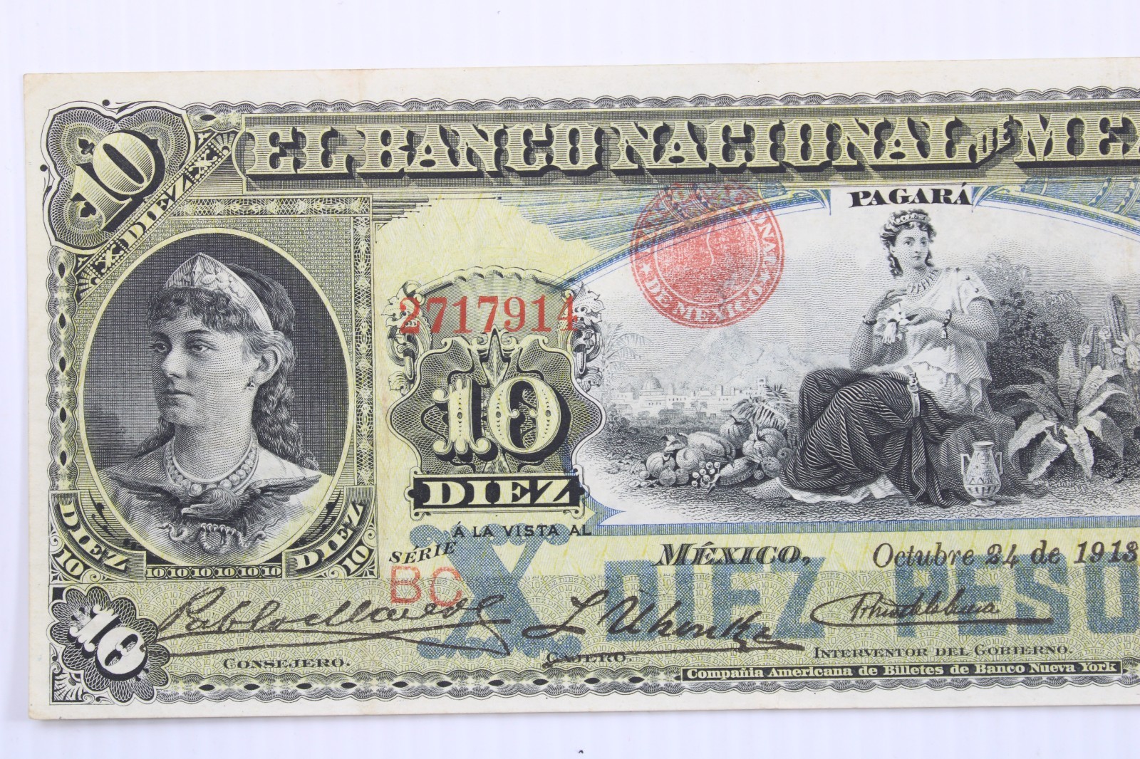 El Banco Nacional De Mexico, 10 Pesos, 1913, VF+, P-S258e #408