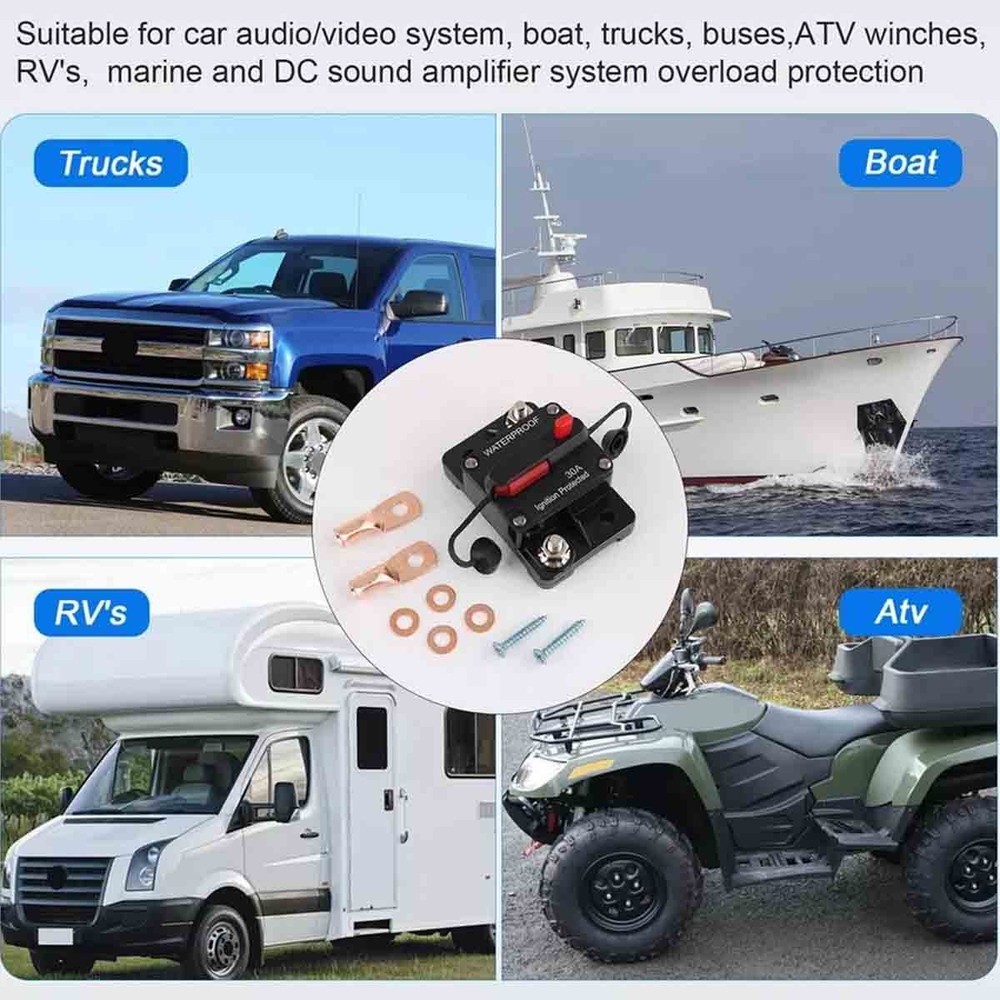 Two 30 amp circuit breakers for easy installation on trolling trailer vehicles