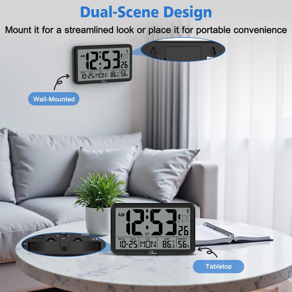 WallarGe Atomic Wall Clock with Backlight, Digital Large, Black