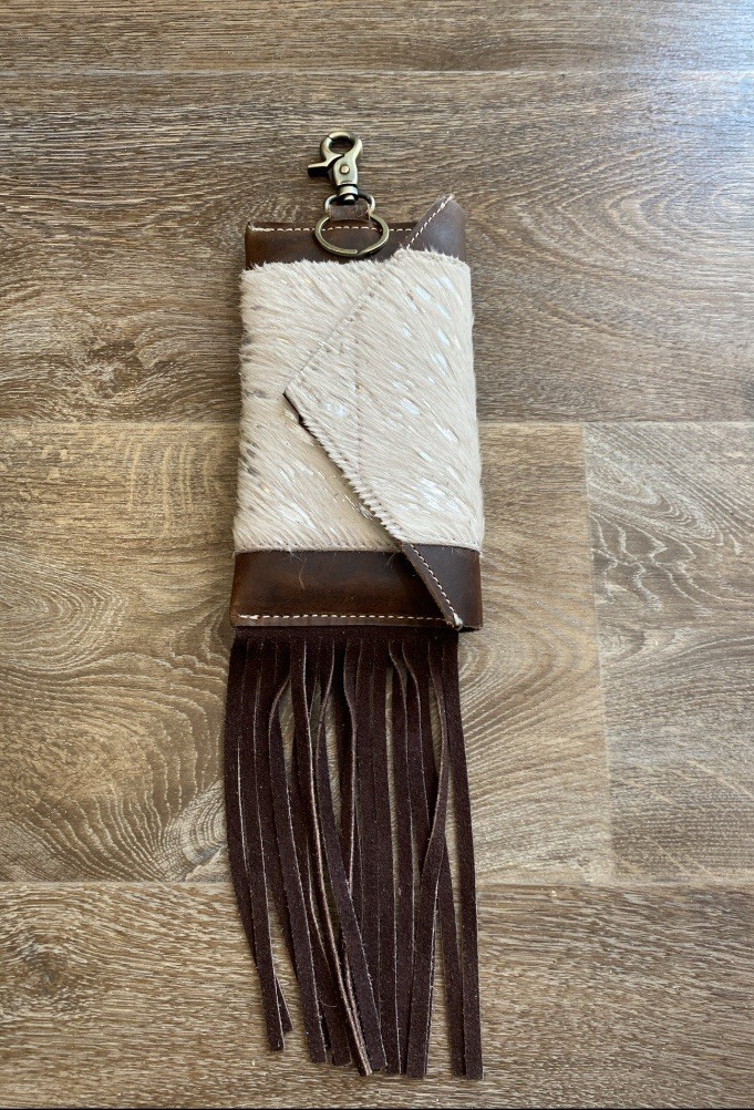 SILVER ACID WASH HAIR-ON COWHIDE CLIP PHONE POUCH w/ Fringe Horse