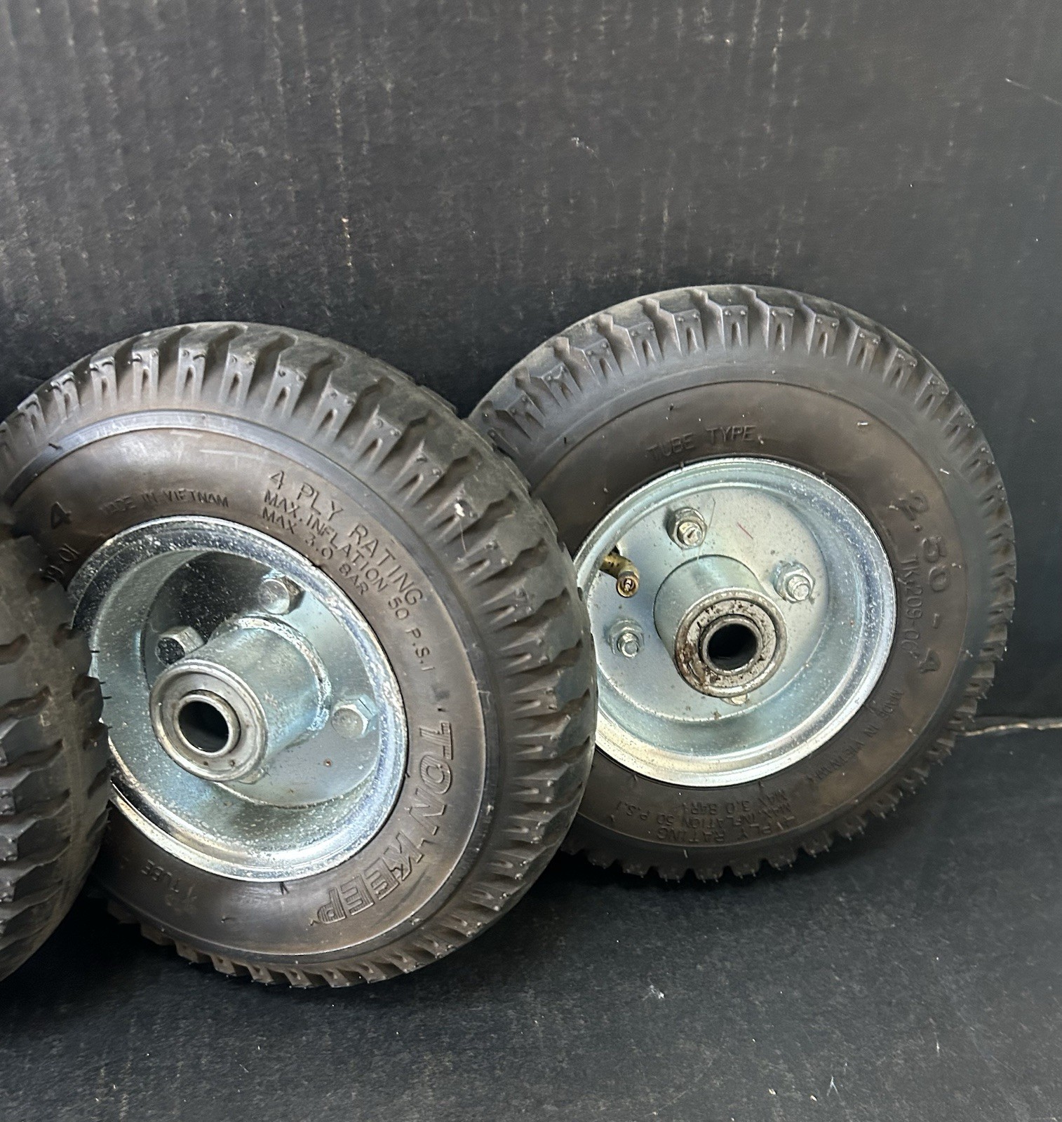 4 Ton Keep 9" Tires on Rims, 250-4 Nylon 50 Max PSI - Ready to Mount and Roll