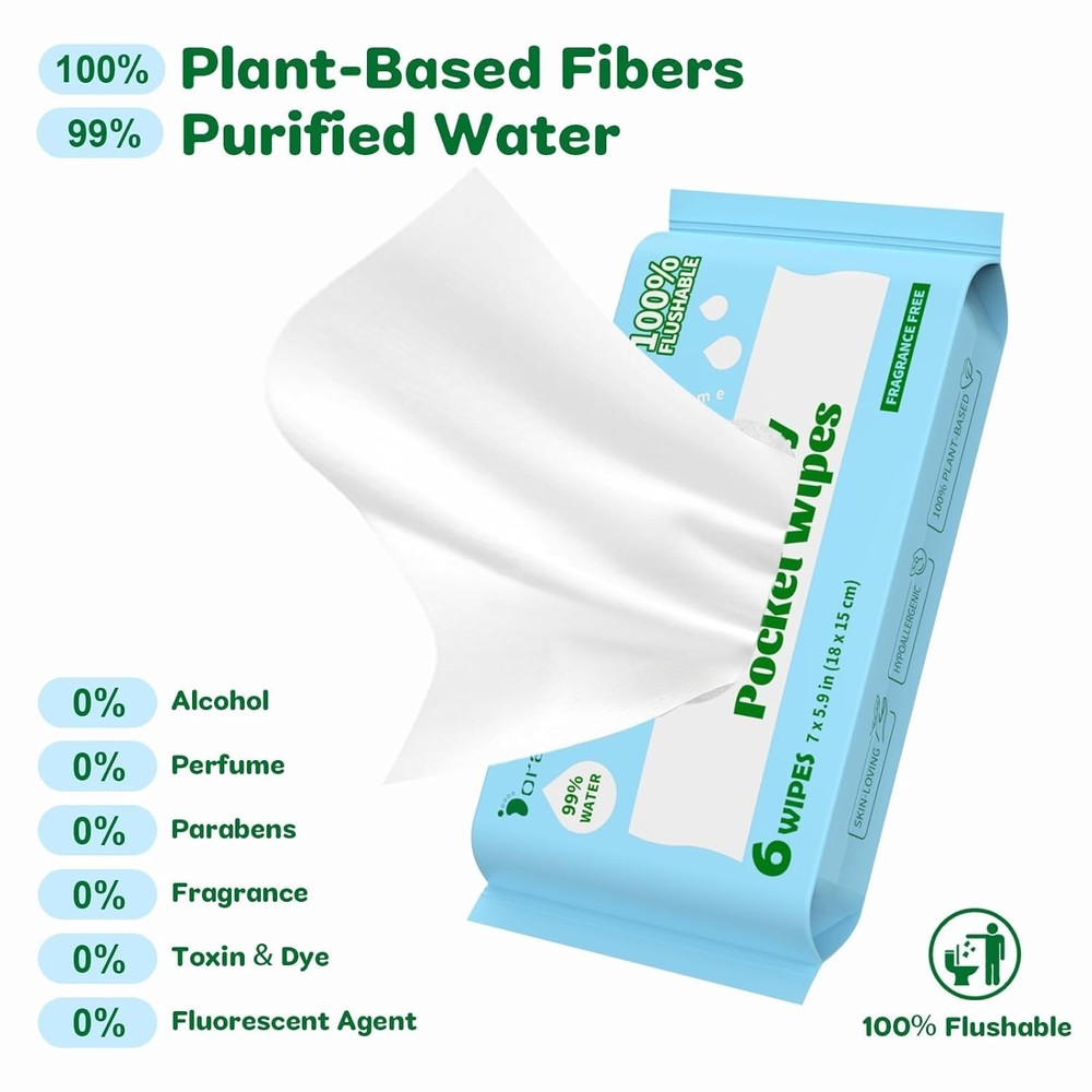 Eco-Friendly Flushable Wipes for Sensitive Skin, 48 Count, Unscented & Portable