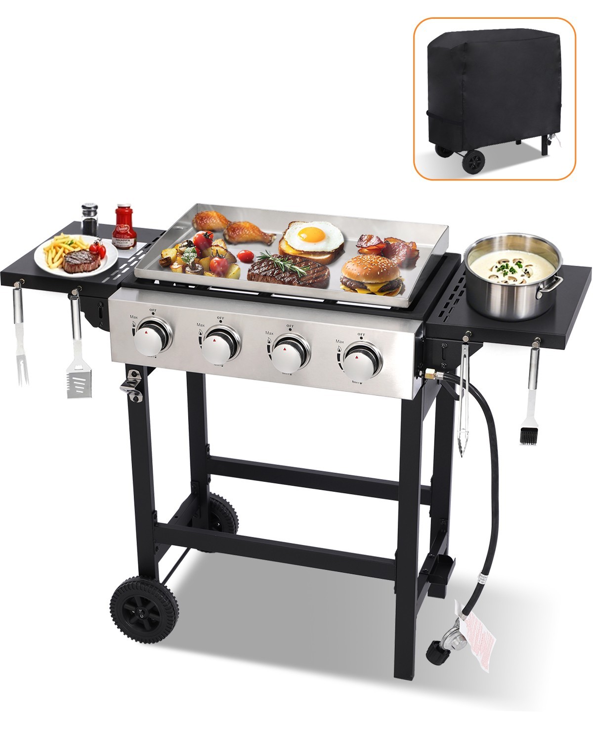 Propane Gas Griddle 4-Burner Flat Top Grill Griddle with Wheel Cover for Outdoor