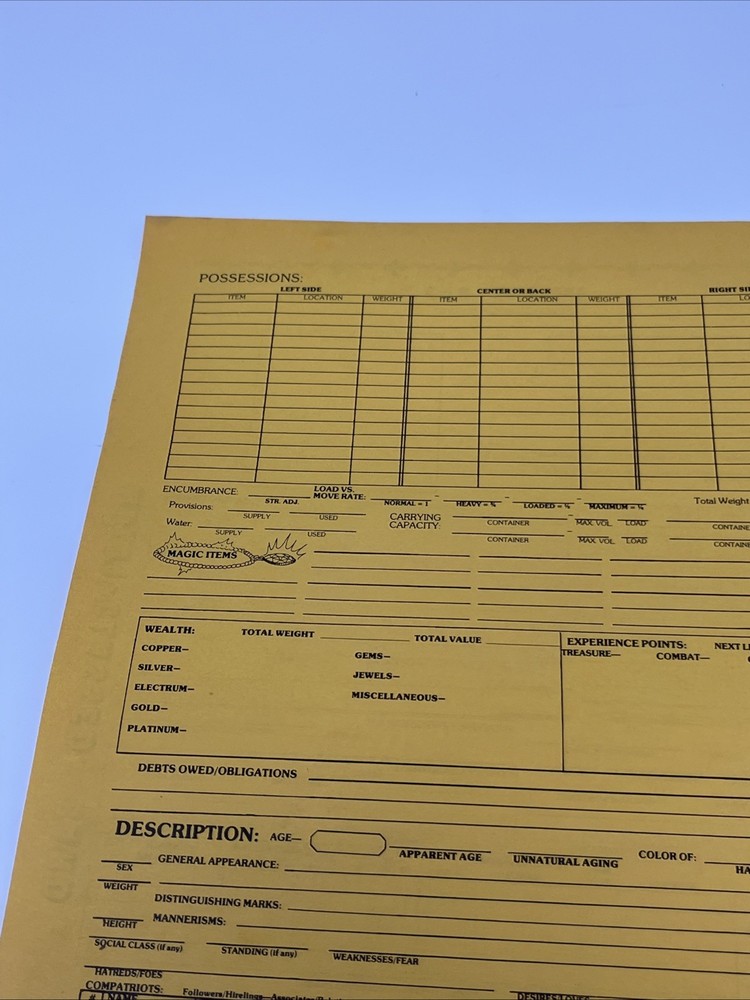 Original AD&D Player Character Record Sheet—Multi Classed Bard Light Use