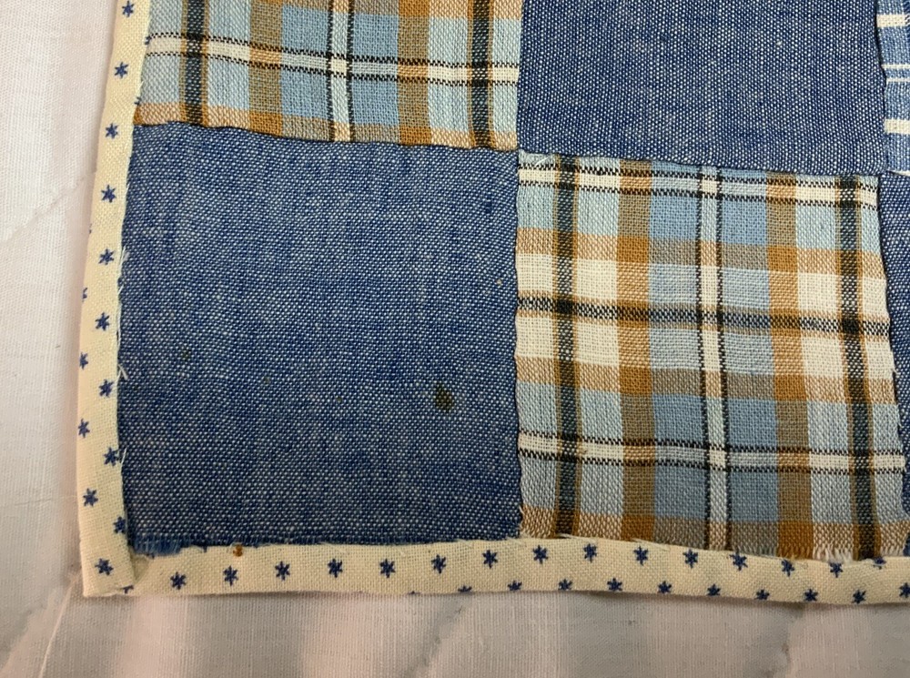 Vintage Patchwork Quilt Table Topper, Nine Patch, Early Calico Prints, Blue