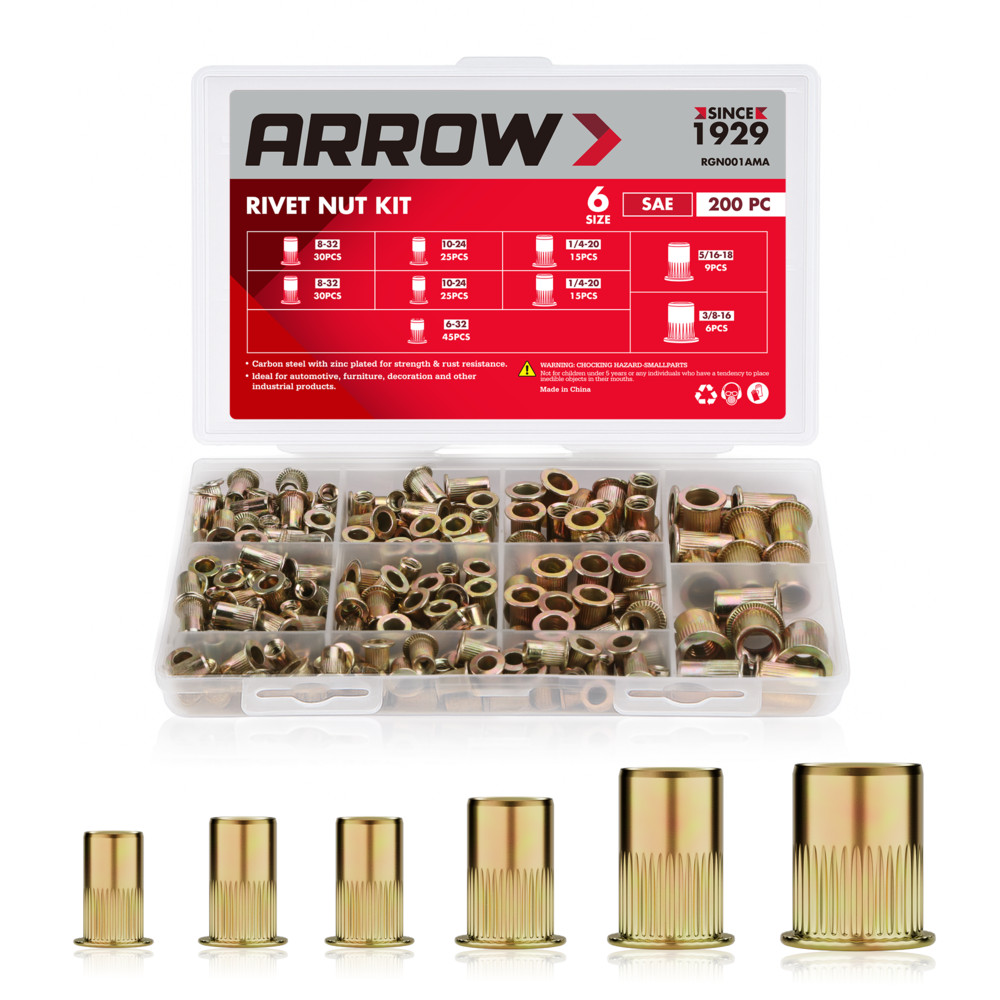 Arrow 200PC Rivet Nut Kit SAE Rivnut Assortment FlatHead Threaded Insert Nutsert