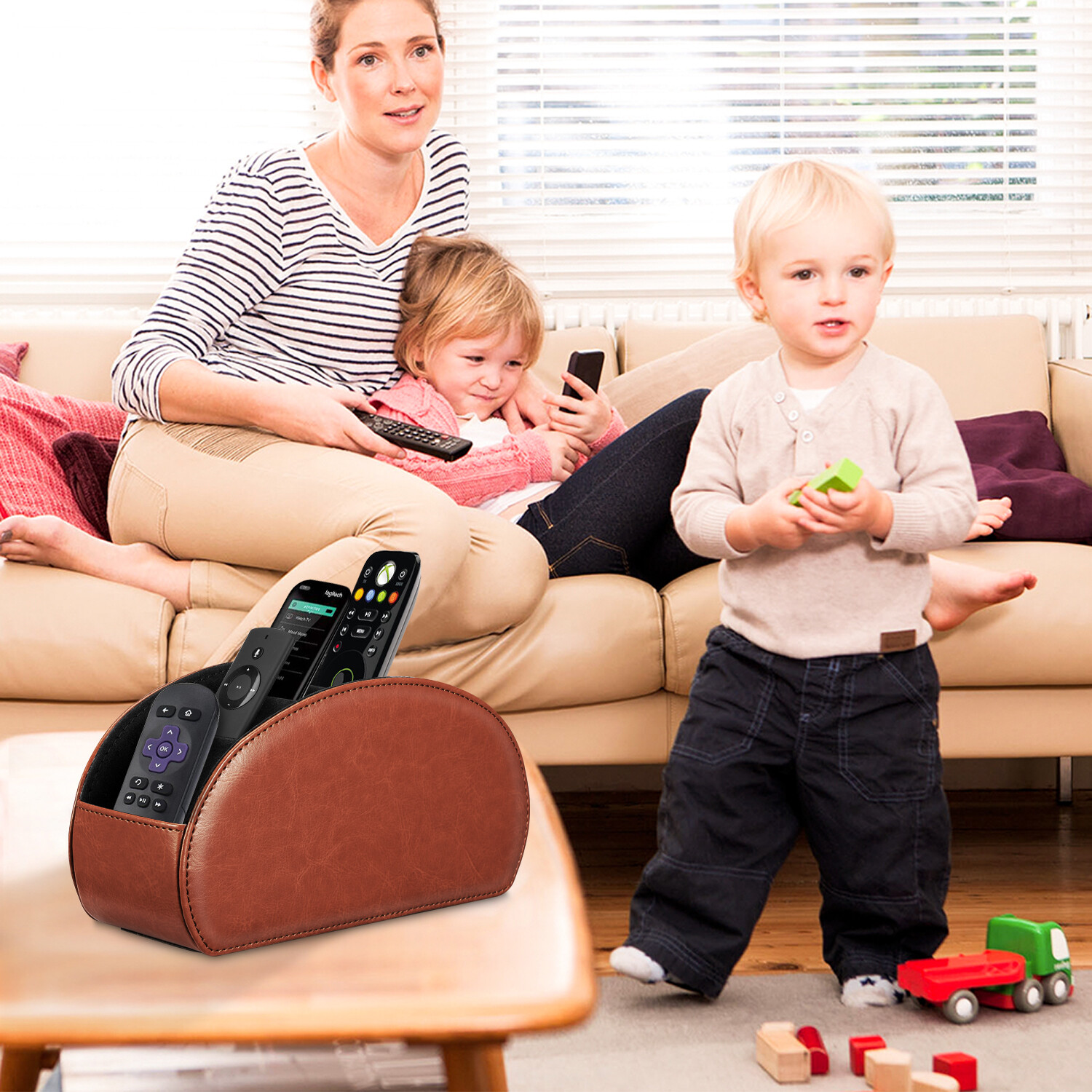 TV Remote Control Holder Leather Caddy Office Desktop Organizer 5 Compartments