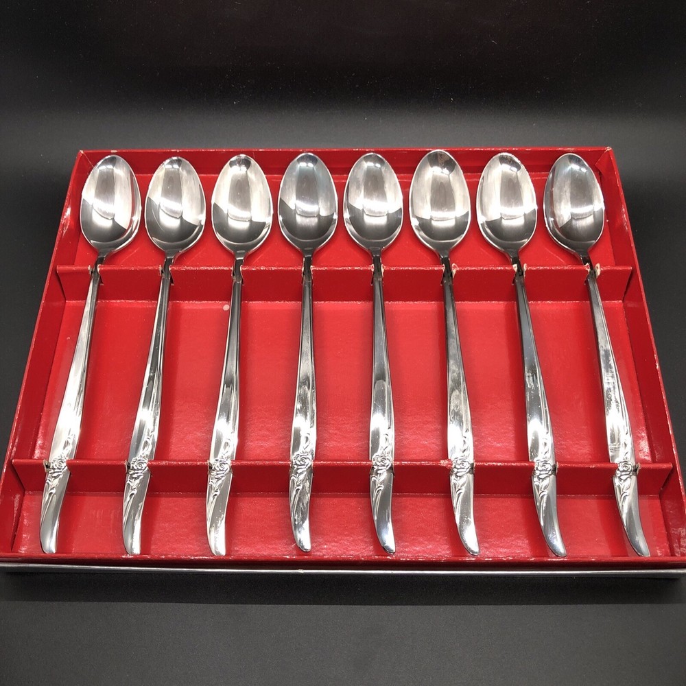 1881 Rogers Oneida Rose Song Silverplate 8 Iced Drink Tea Spoons Original Box