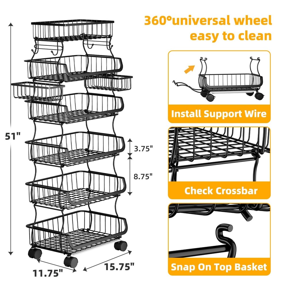 6 Tier Rolling Cart, Stackable Fruit Vegetable Basket with Wheels and 2 Hangi...
