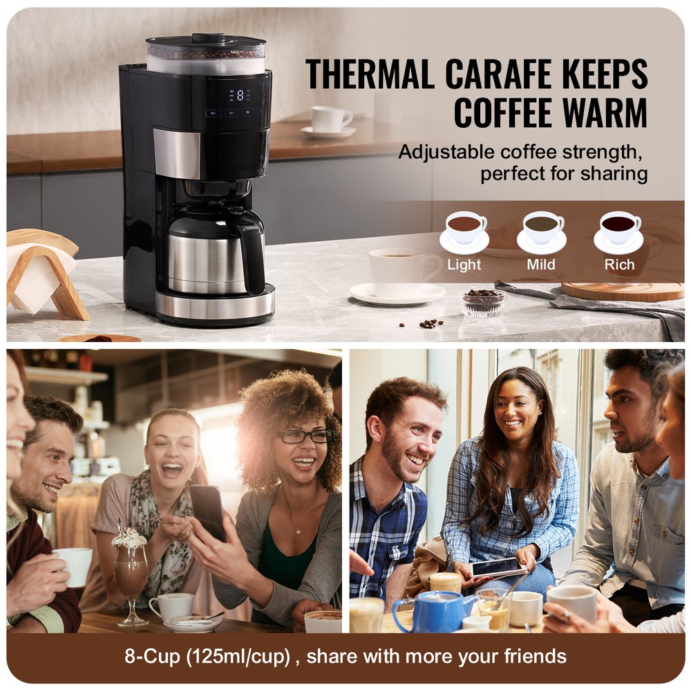8 Cup Drip Coffee Machine Grind & Brew Coffee Maker w/ 3 Brew Strength Control
