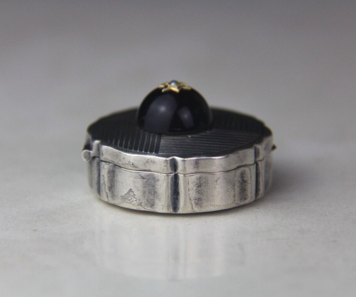 German 800 Silver Round Pill Box w/ Round Amethyst Cabochon & Seed Pearl on Lid