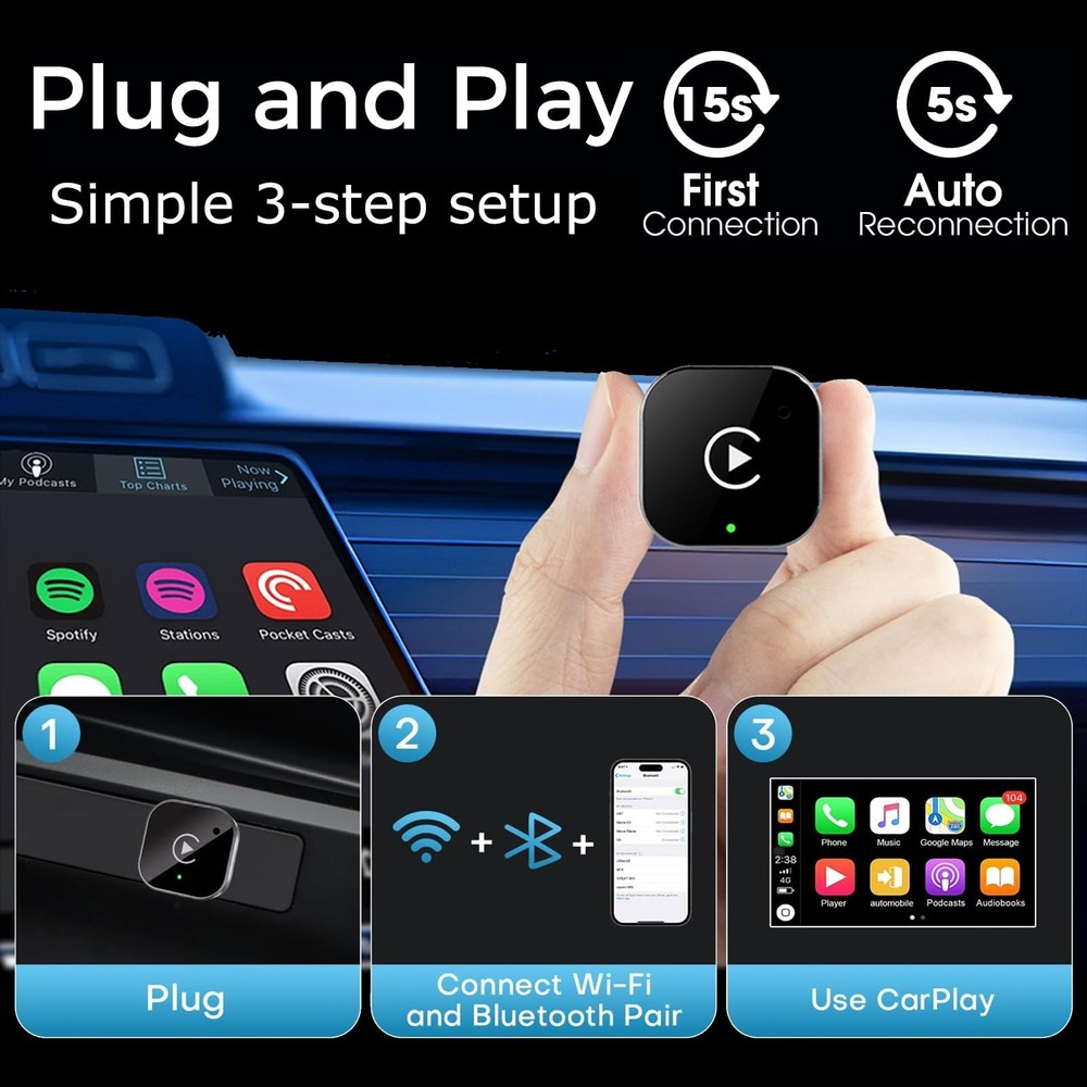 Wireless CarPlay Adapter for Apple iPhone & Android Auto USB Adapter Plug & Play