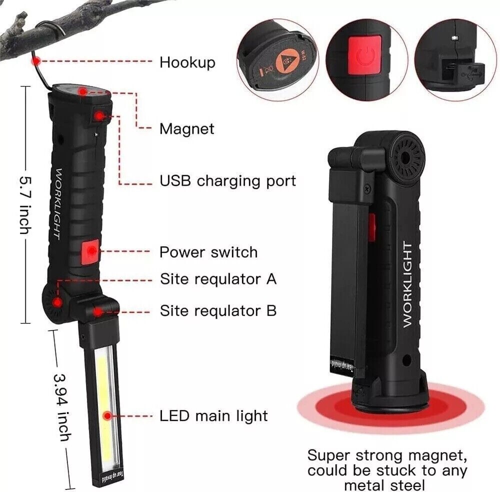 2x LED COB Red White Work Light USB Rechargeable Flashlight Magnetic Base Small