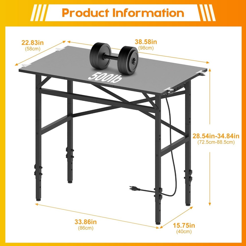 Small Adjustable Height Workbench，Iron Workbench W/ Power Strip 3 Outlets USB