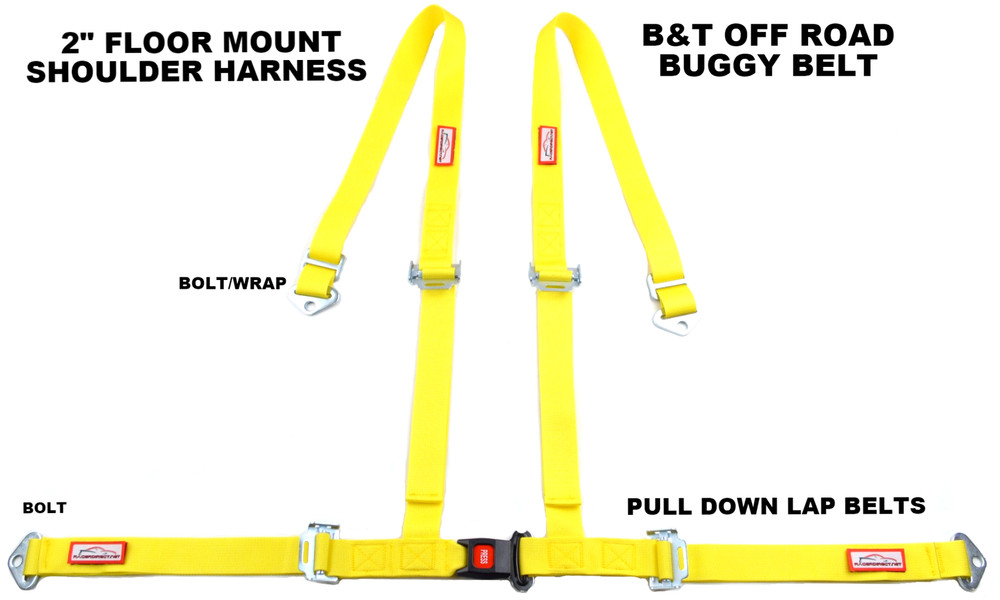 FOUR POINT SEAT BELT RACE HARNESS PULL DOWN LAPS FLOOR MOUNT PUSH BUTTON YELLOW
