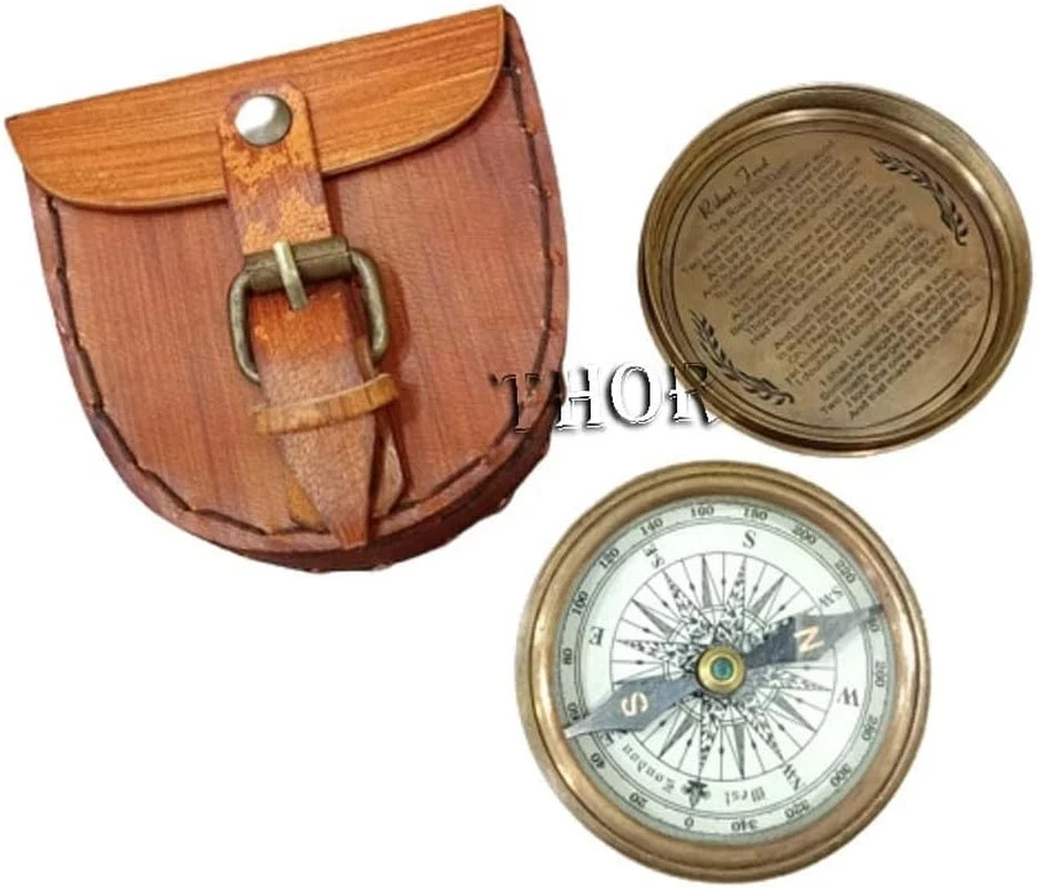 Vintage Brass Pocket Compass with Leather Case Rustic Navigation Gift Decor