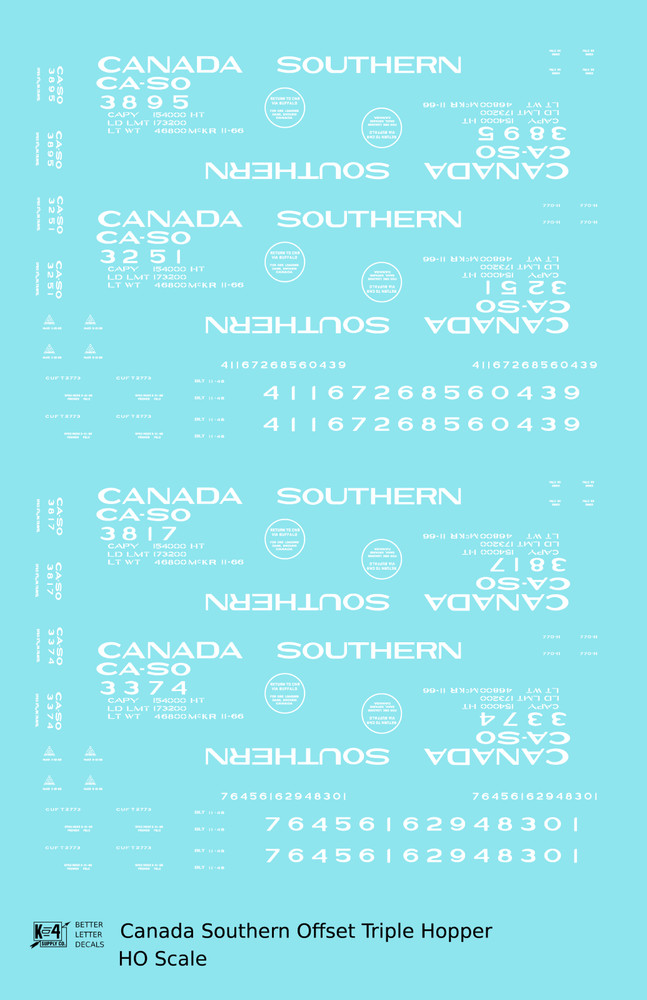 K4 HO Scale Decals Canada Southern Offset Triple Hopper White