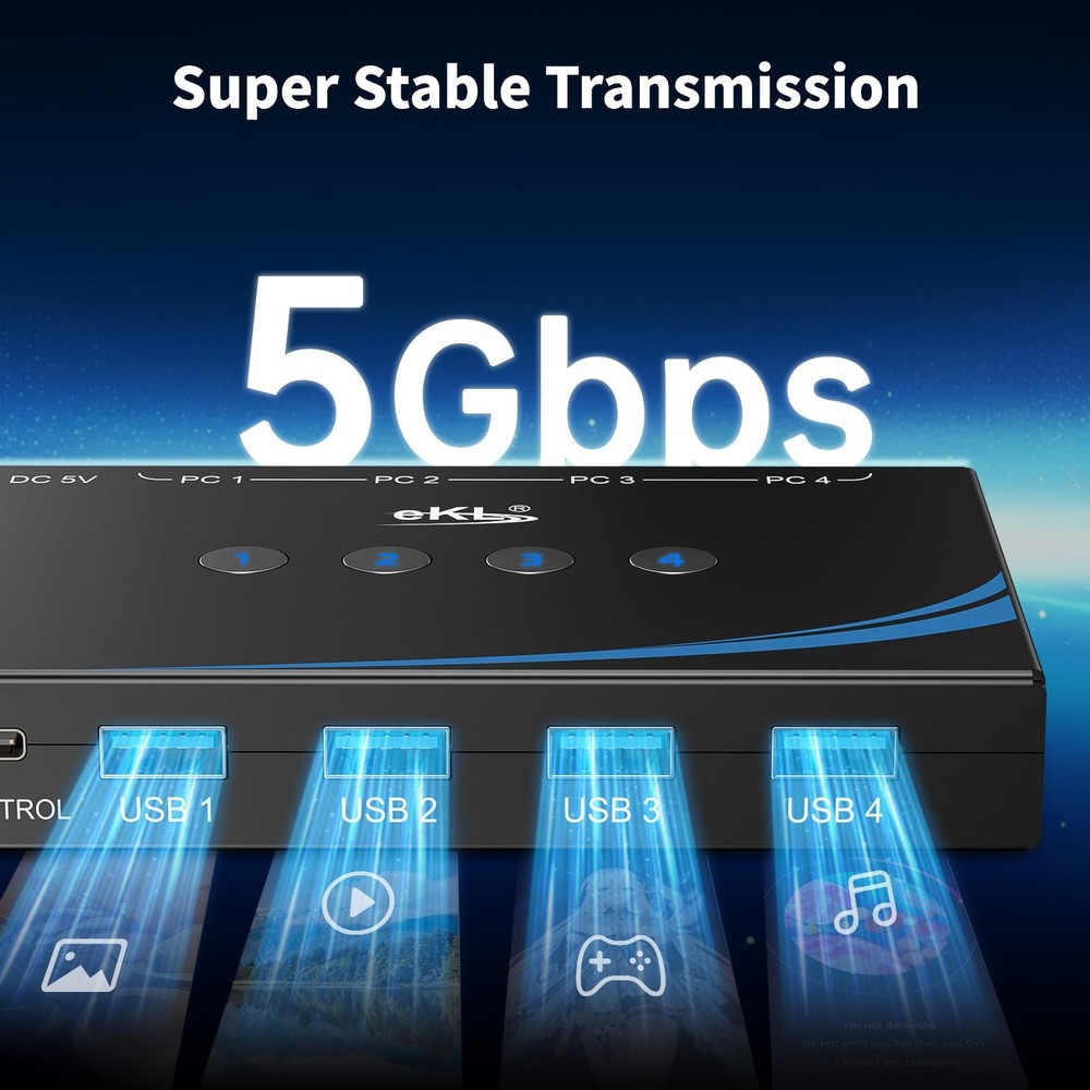 eKL USB 3.0 Switch 4 Computers Sharing USB Peripherals, 4 Port USB Switcher Shar