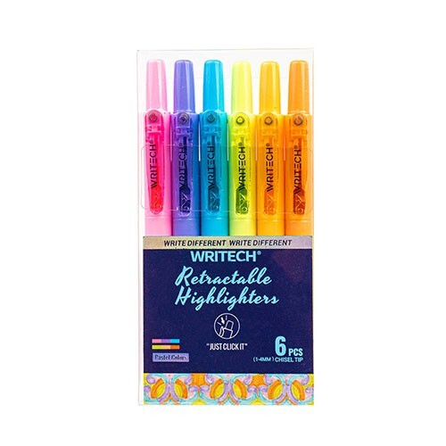 WRITECH Retractable Highlighter Pastel Ast 4mm Chisel Tip 6/Pk School Office