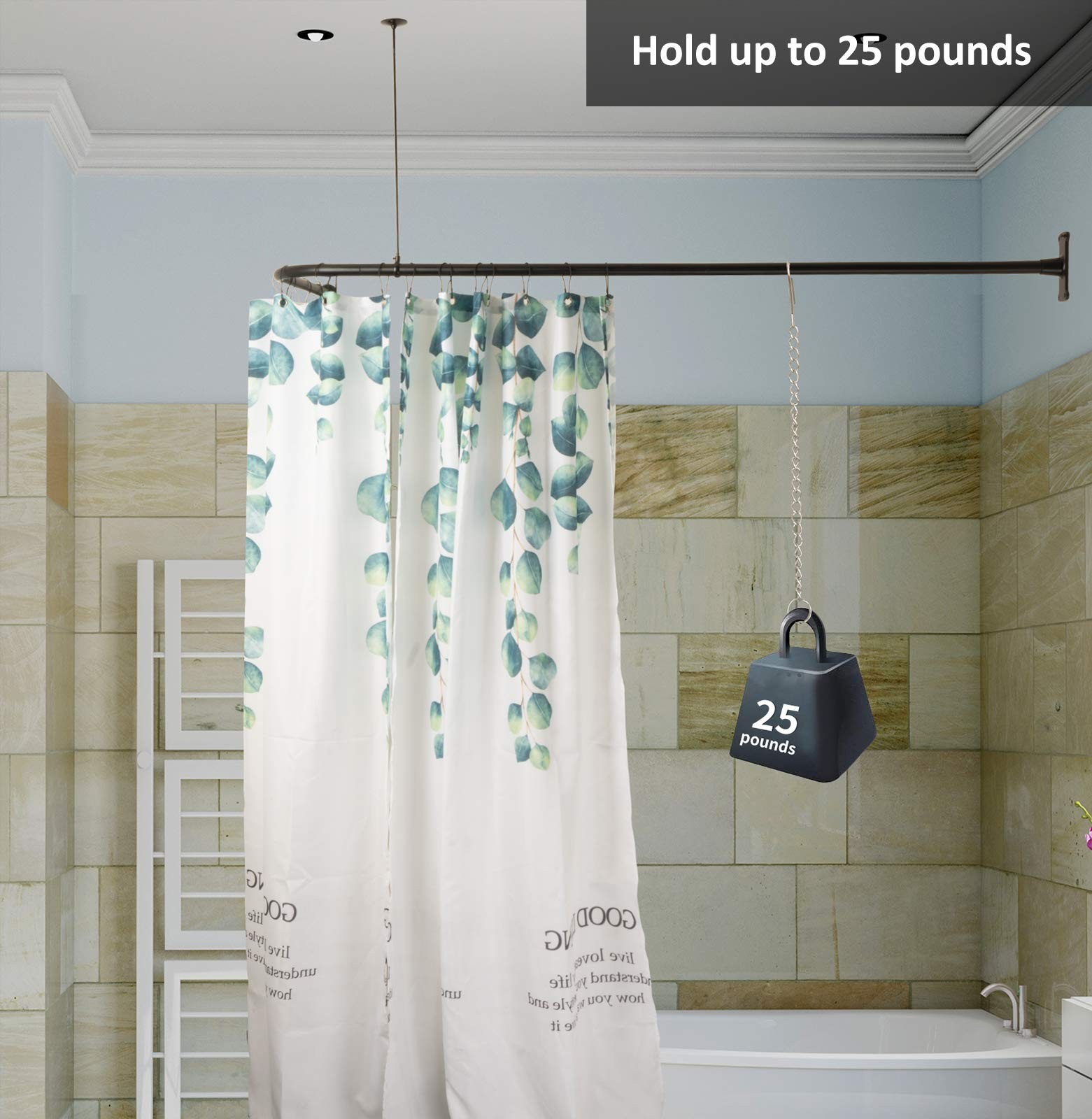 L Shaped Shower Curtain Rod Corner Bathtub Rod with Ceiling Support Matt Black