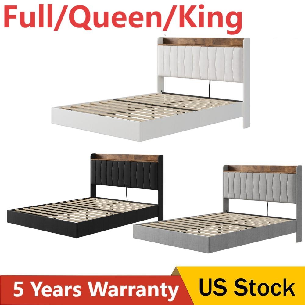 🔝Full Queen King Floating Bed Frame LED Upholstered Platform Headboard Storage