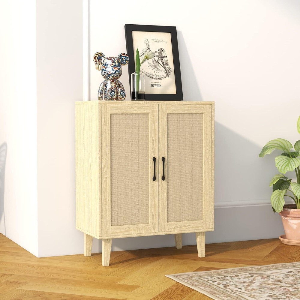 Buffet Cabinet Sideboard W/ Rattan Decorated Doors Kitchen Storage Cupboard New