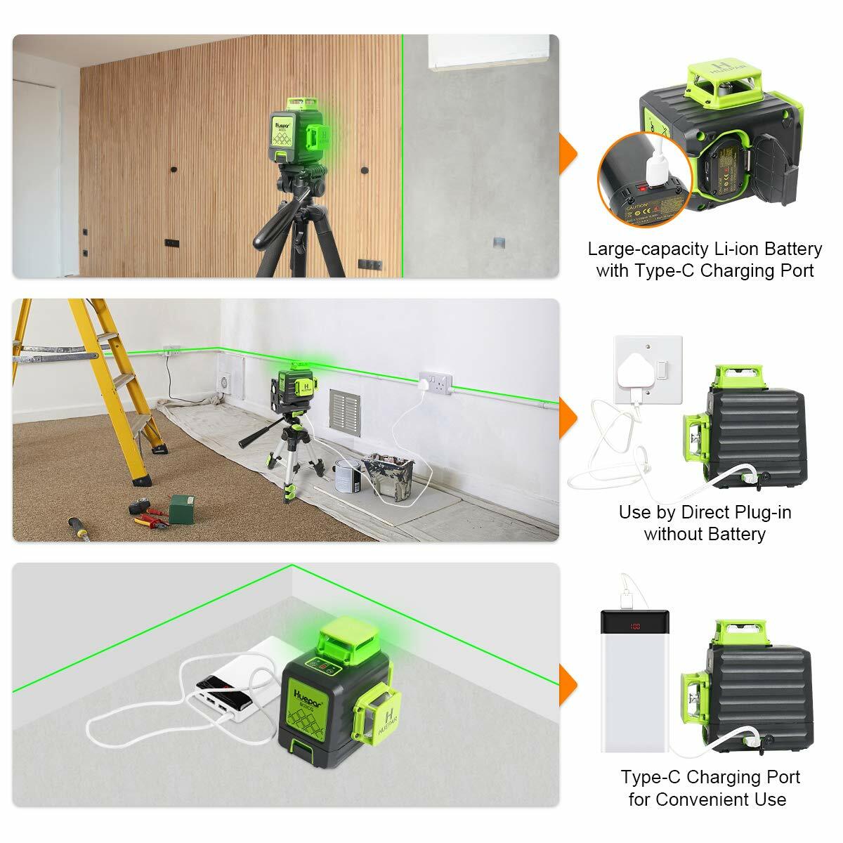 3D Cross Line Self leveling Laser Level Green Beam with Type-C Charging Port