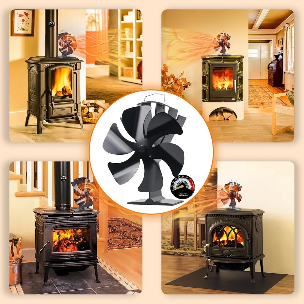 Efficient 6-Blade Fireplace Fan - Durable Heat Powered Blower with Thermometer