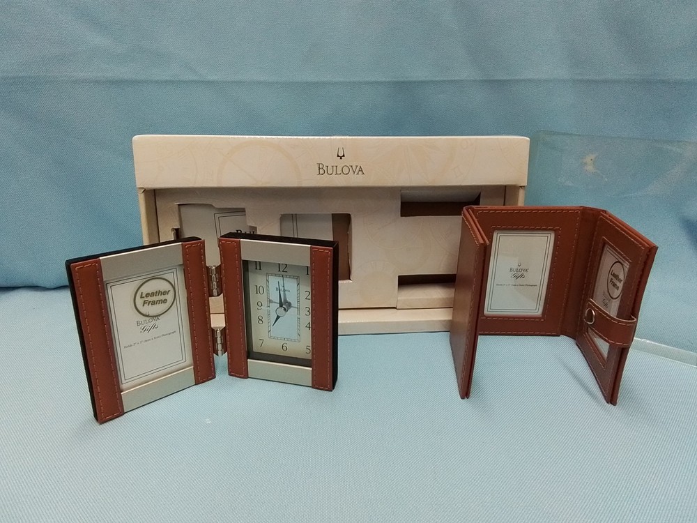 Leather Bulova Desk Clock With Attached Frame & Triple Frame Wallet