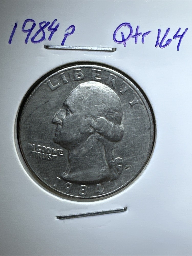 1984 P Quarter Reverse Major Grease Strike Through Error, Slightly Tilted