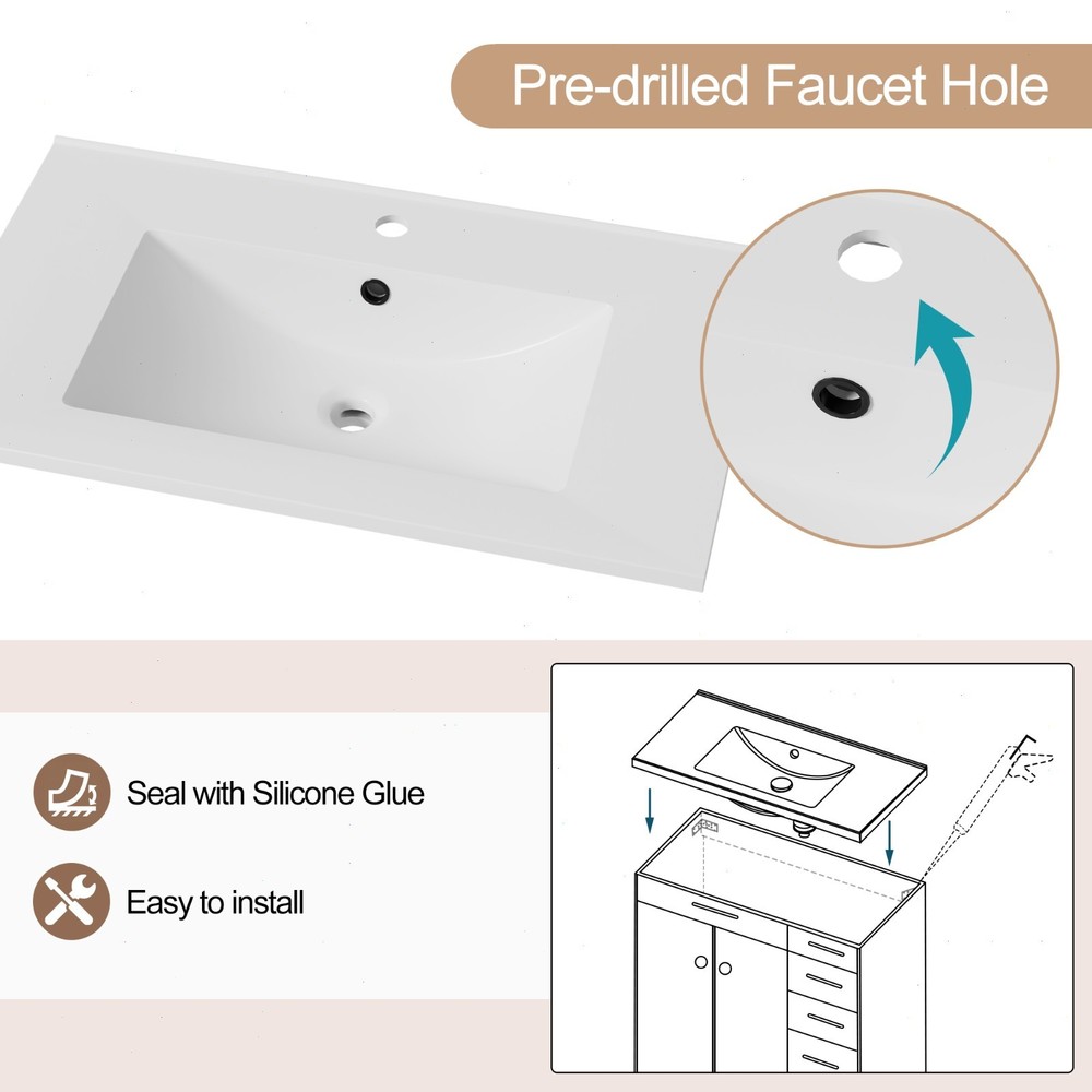 30" Single Sink Vanity Top Undermount Bathroom Sink