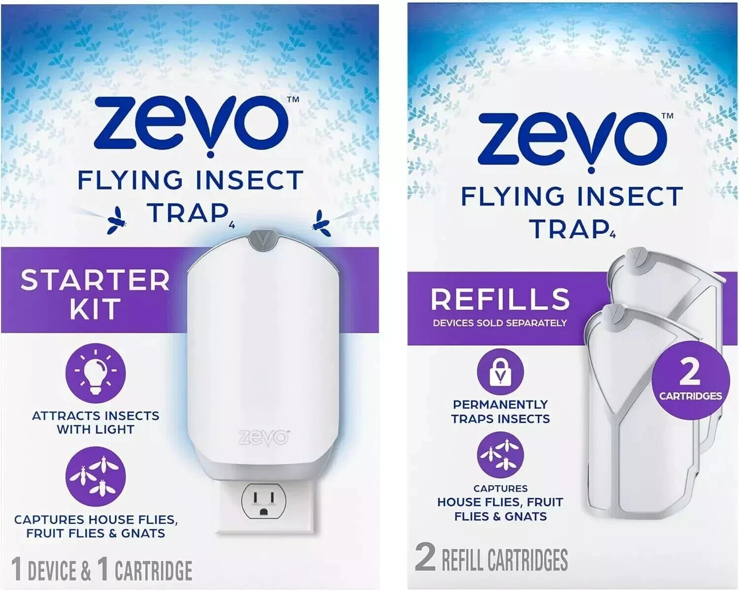 Zevo Flying Insect Trap (1 Plug-in Base + 3 Cartridges) Featuring Blue UV Light