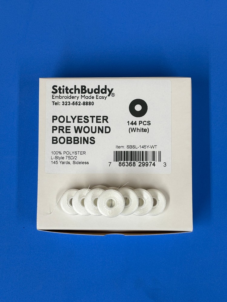 Sideless White Polyester Prewound Bobbin Thread, 144pcs, 145 yds, Size L,