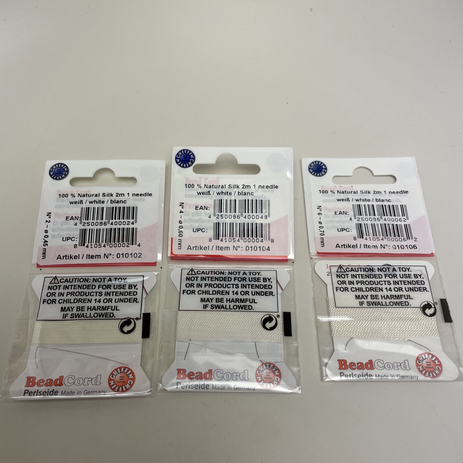 Griffin Natural Silk Bead Cord Thread Sampler Set, Size #2, #4, & #6, White