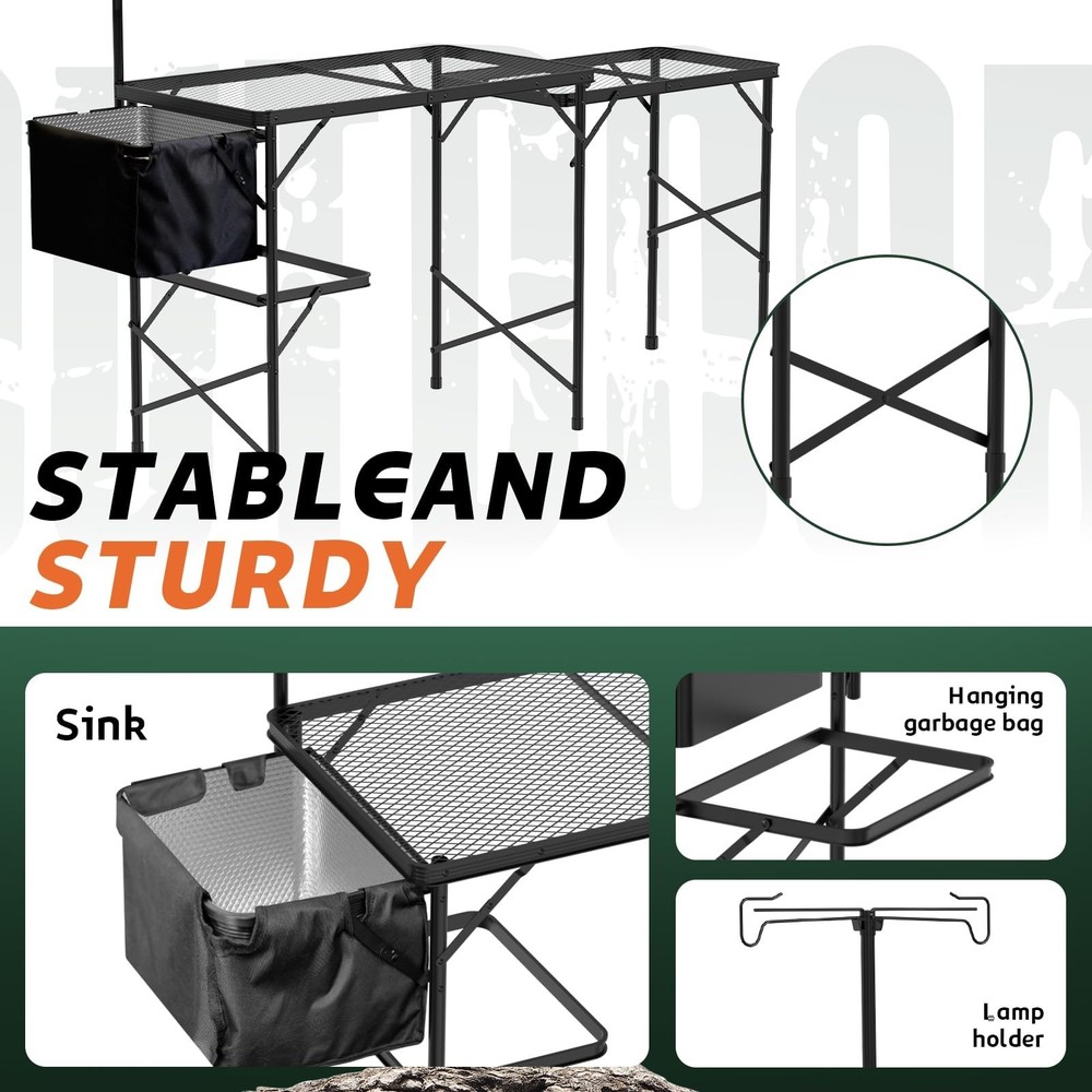 Folding Table with Sink and Double Shelf, Camping Table Height Adjustable Fol...