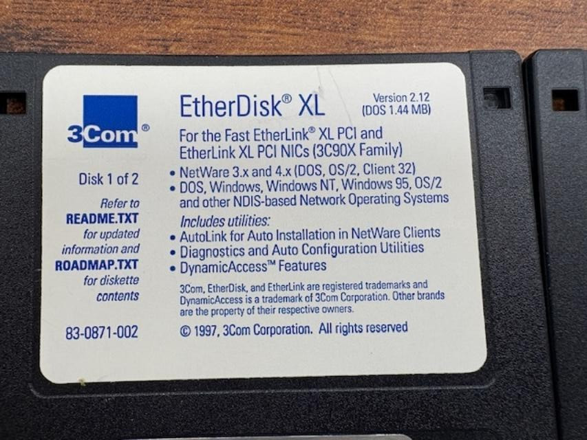 Vintage 3Com EtherDisk Version 2.12 PC Computer Software 3.5" Floppy Disk