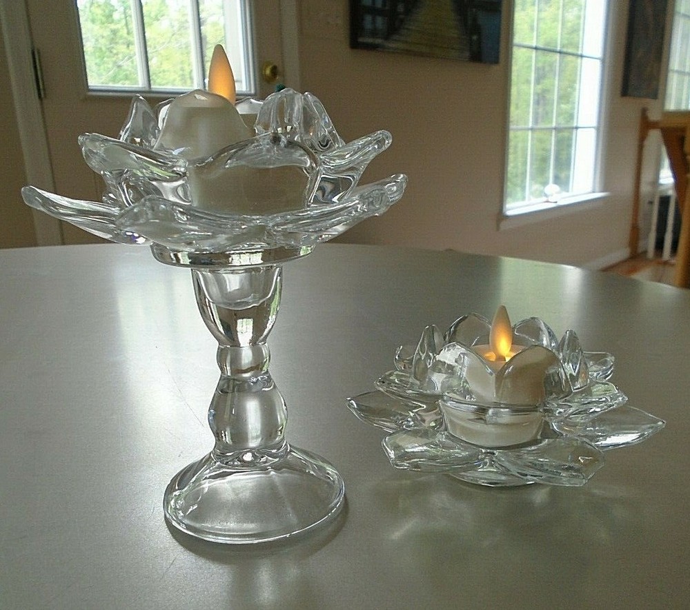 Lotus Flower Clear Glass Candle Holders Set of 2