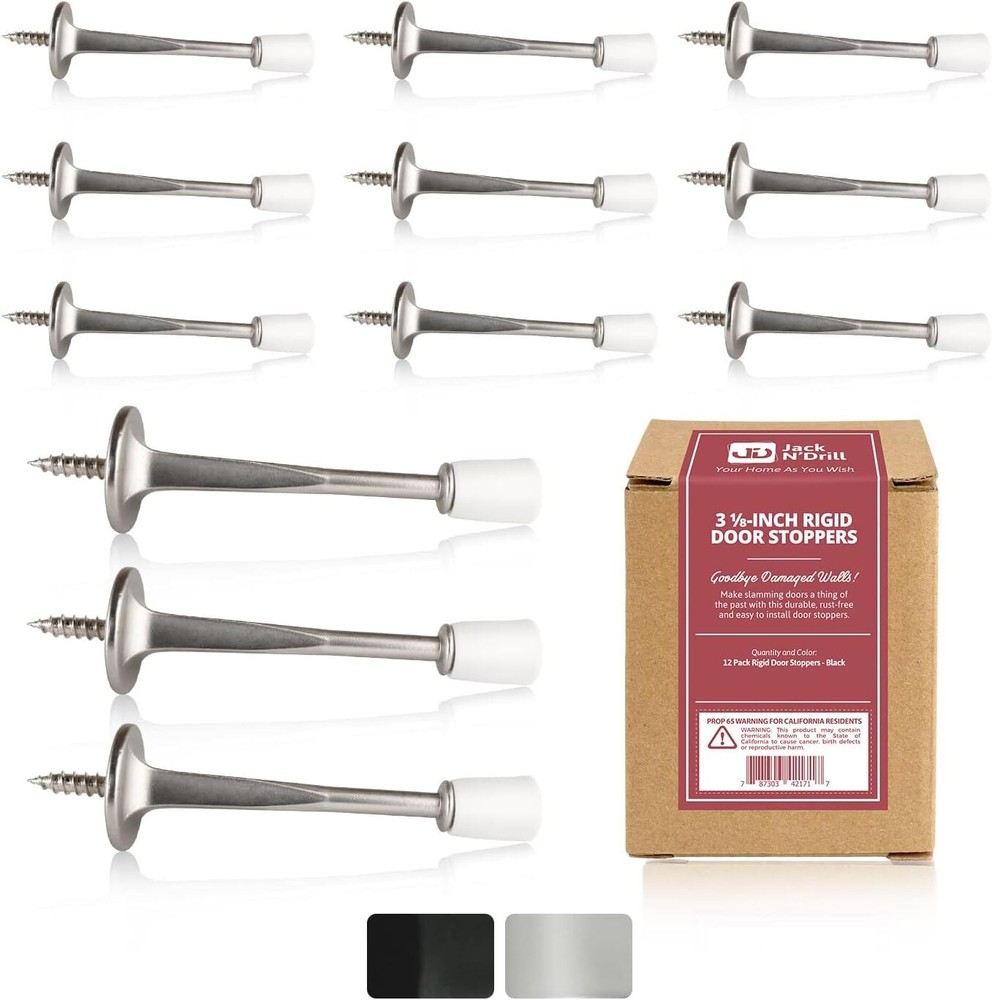 Jack N’Drill (3 ⅛) Rigid Door Stop (12 Pack) - Rustproof Satin Nickel Solid D...