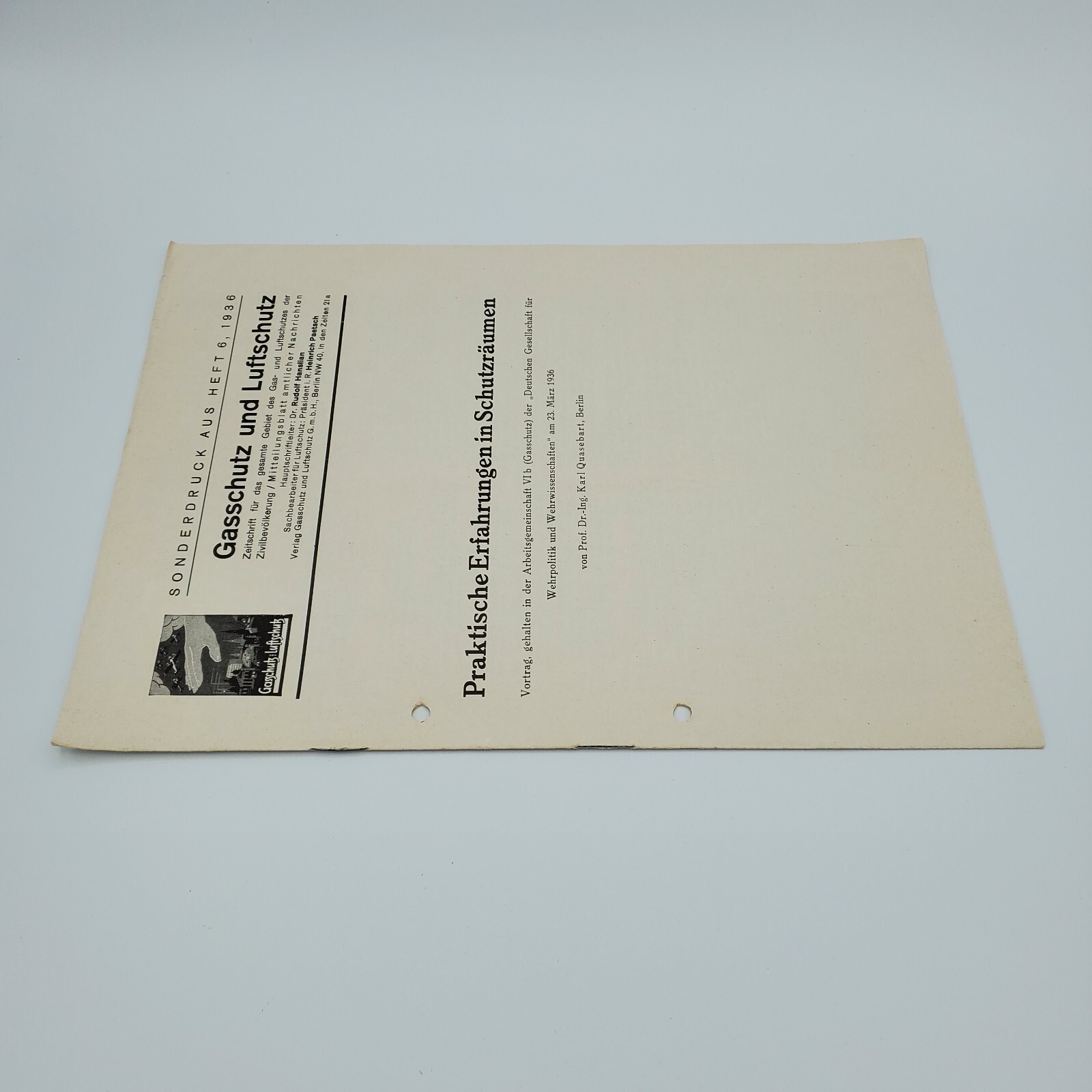 1936 German Luftschutz Gasschutz Air Raid Shelter Sonderdruck Quasebart WW2 Gas