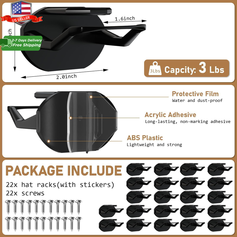 22pcs Baseball Hat Rack Wall Mount Super Strong Hat Rack Display Hooks for Wall