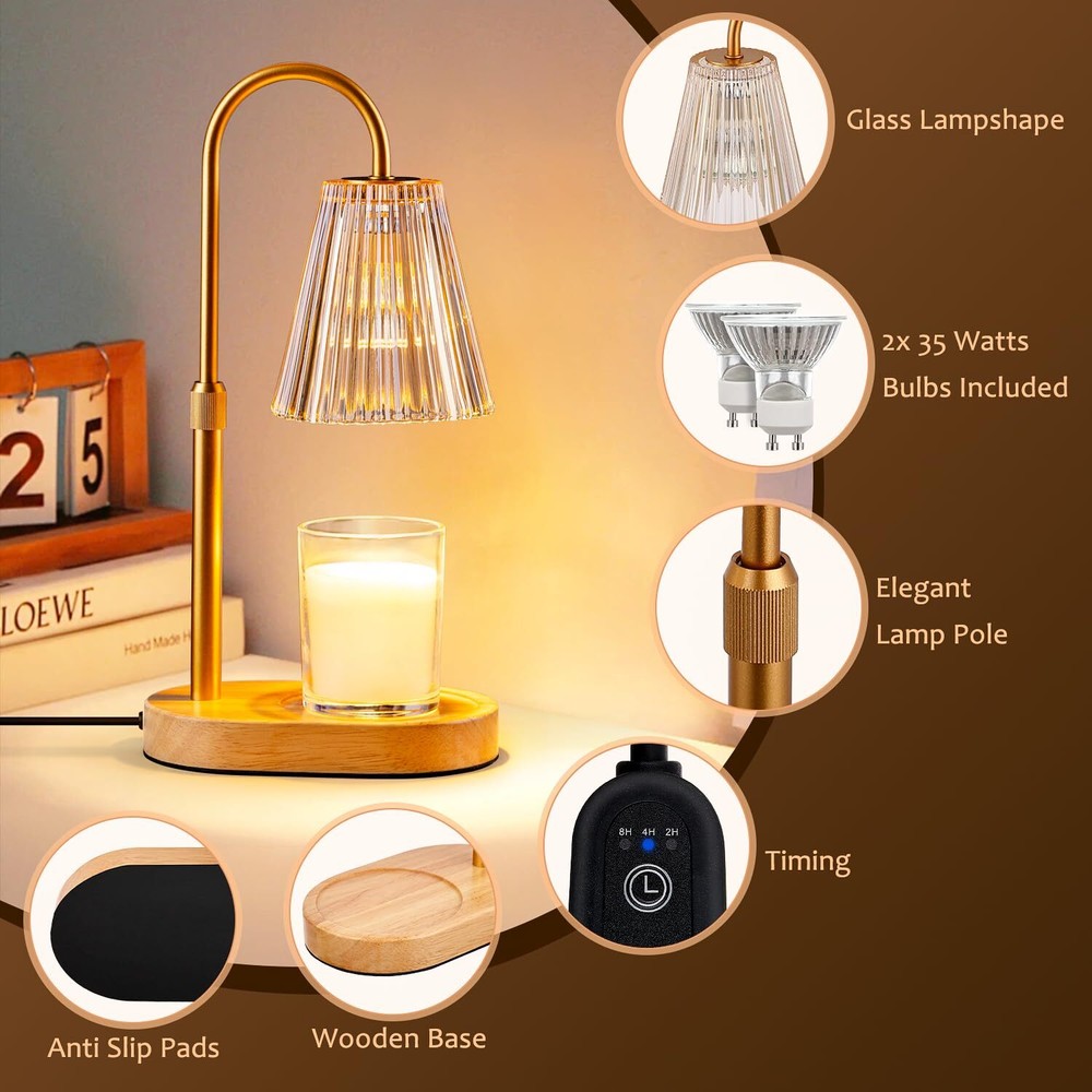Candle Warmer Lamp Adjustable Height Dimmable Timer No Flame Scent Amber Style