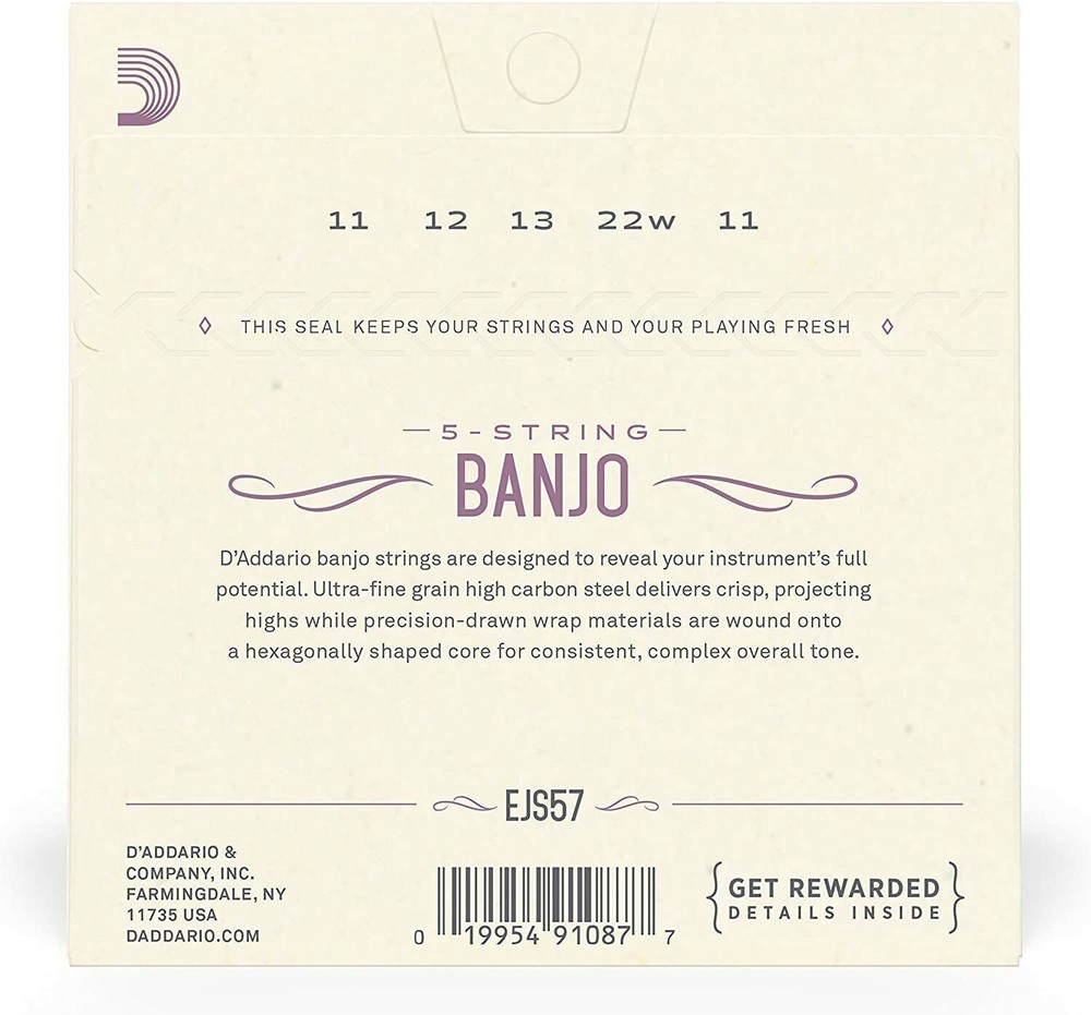 D'Addario EJS57 5-String Banjo Strings, Stainless Steel, Custom Medium, 11-22