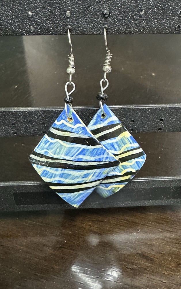 Blue, White, Black Diamond-shaped Dangle Earrings