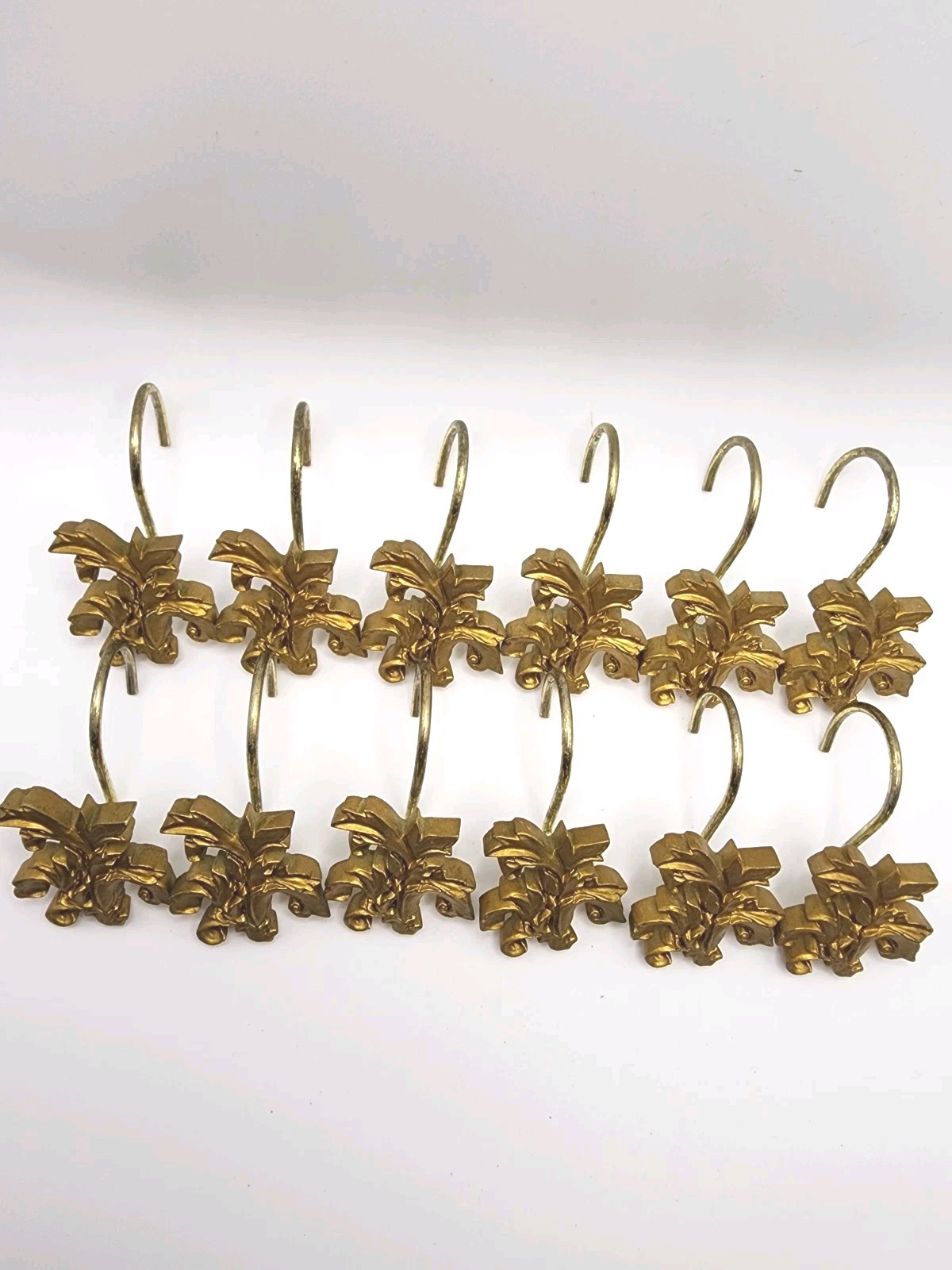 Decorative Floral Shower Curtain Hooks Set of 12 Gold Polished Metal Bathroom