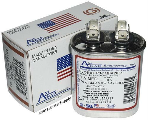 7.5 MFD x 370 / 440 VAC Oval Run Capacitor AmRad USA2031 - Made in the USA