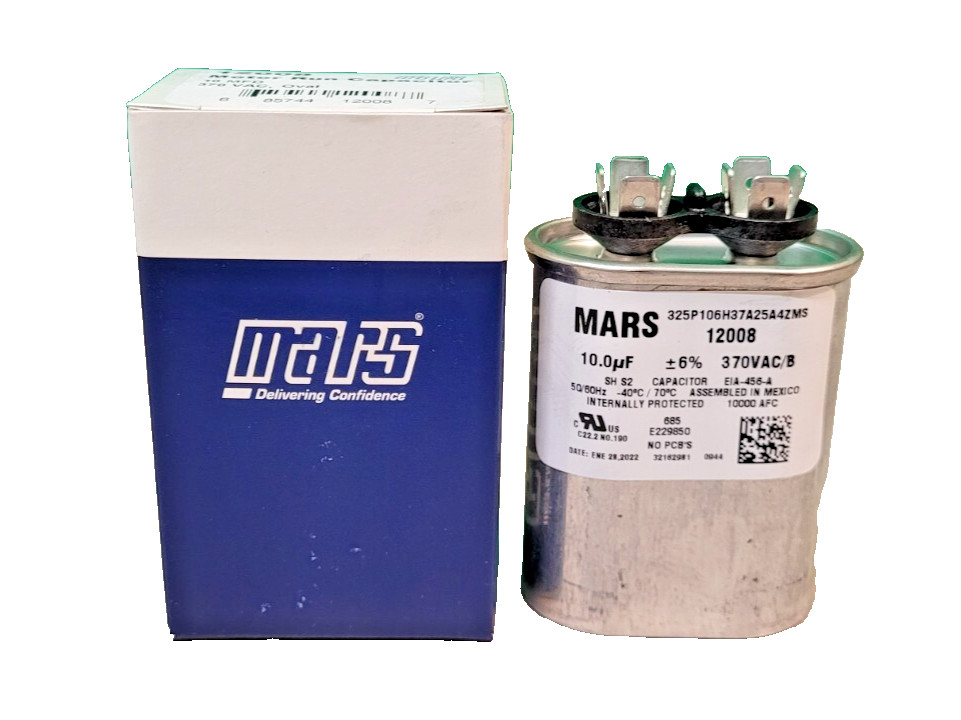 Mars Motor Run Capacitor 10 MFD, Oval 370VAC, 12008 BRAND NEW GENUINE