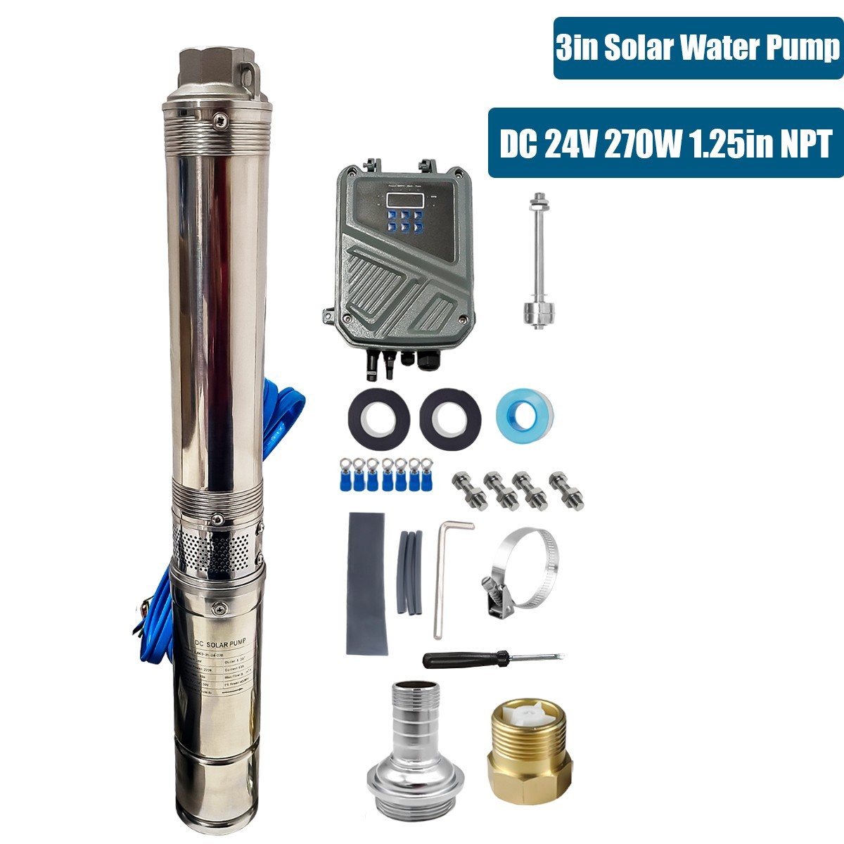 270W DC 24V 3" Solar Pump Submersible Pump Bore Deep Well Pump + MPPT Controller